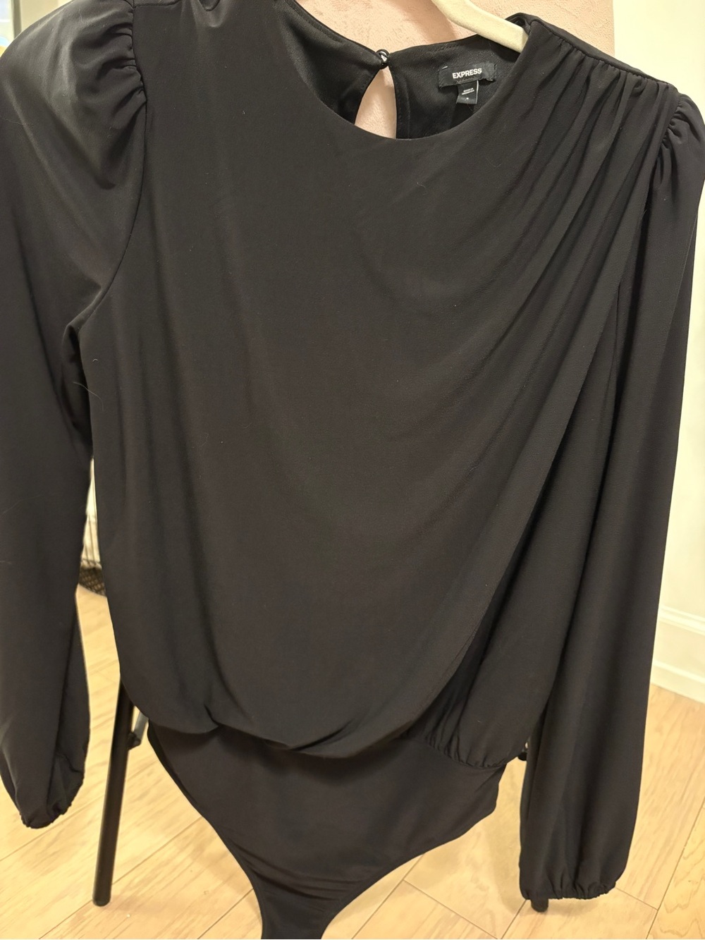 Express Black Draped Long Sleeve Bodysuit with Gathered Shoulders